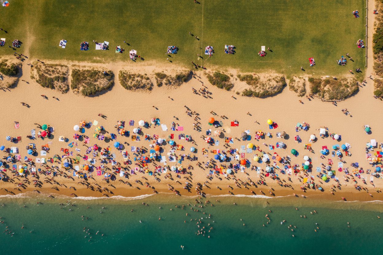A large sunny outdoor crowd on a beach and open field seen from high above