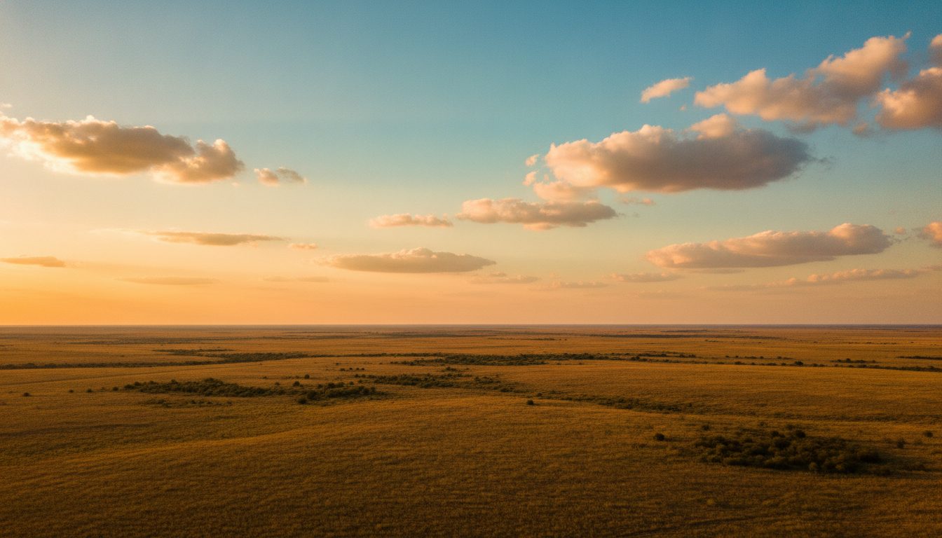 A wide open Central Texas horizon under a bright blue and gold sky
